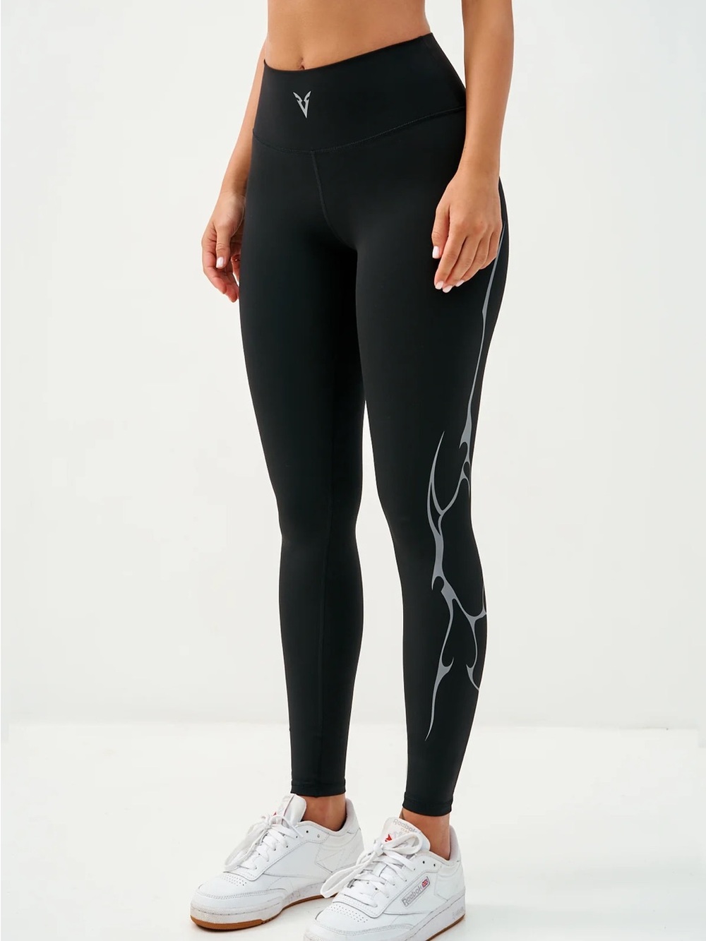 NWOT Veynd Graphic High-Waist Black Leggings with Reflective Side Graphic